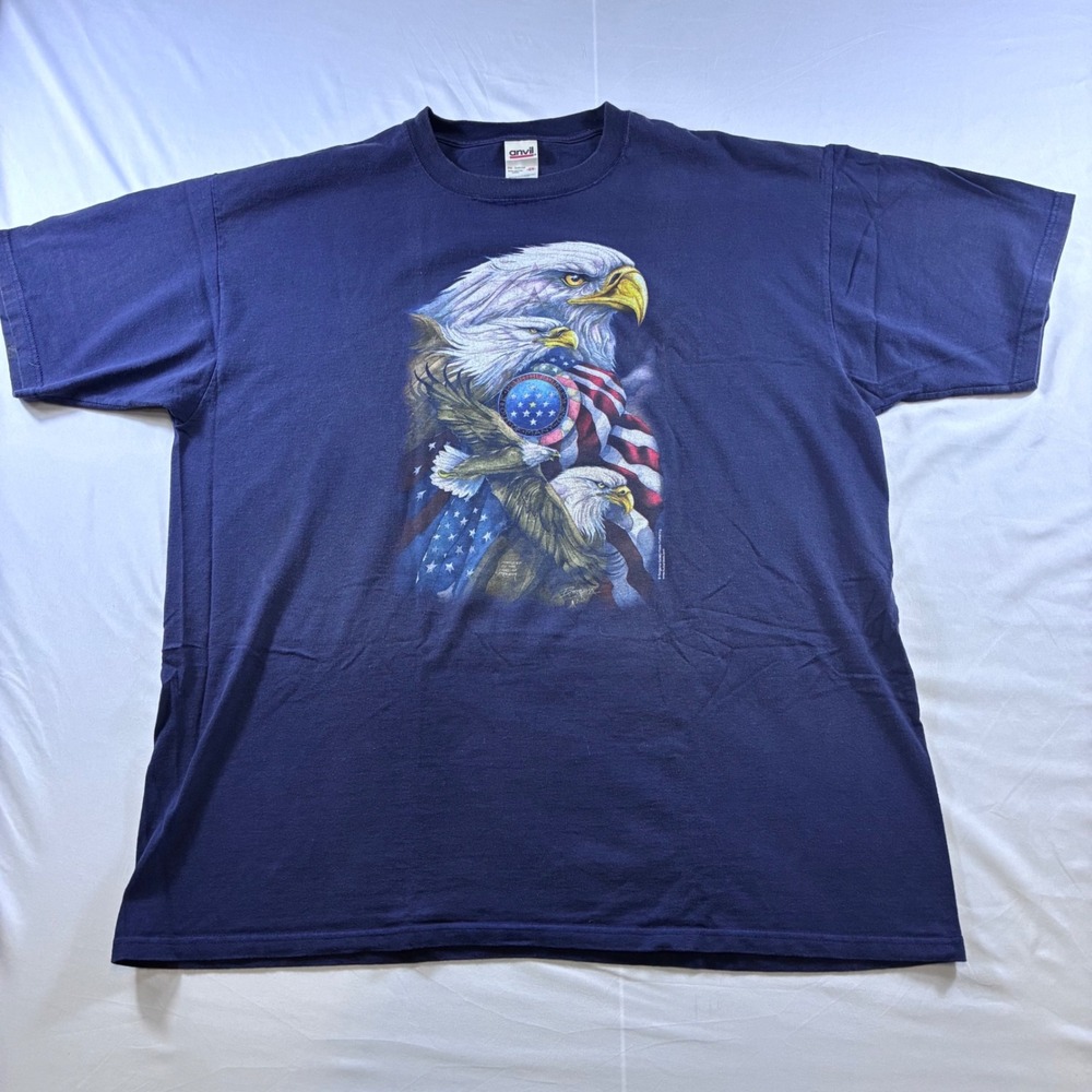 Vintage Anvil Eagle American Flag T-Shirt Mens 2XL Navy‎ Blue Patriotic Bergsma